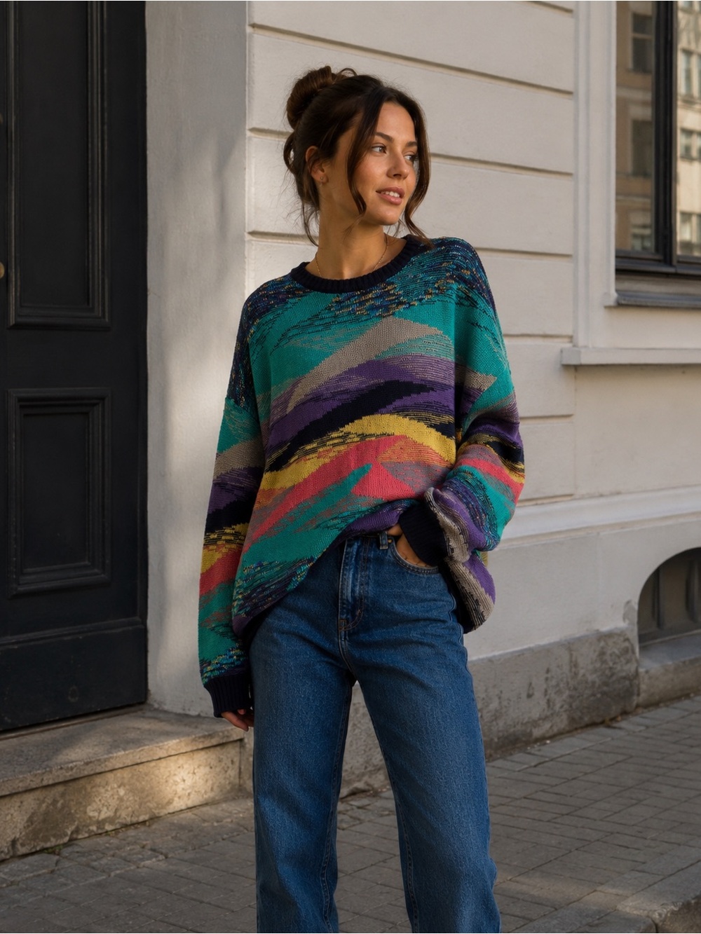 Pronto Uomo Teal Multi Wave Pattern Crewneck Sweater